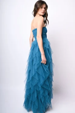 Abito lungo a bustier in tulle con volants