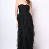Abito lungo a bustier in tulle con volants