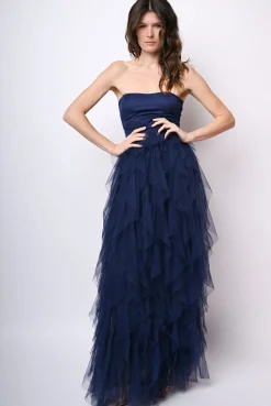 Abito lungo a bustier in tulle con volants