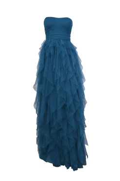 Abito lungo a bustier in tulle con volants