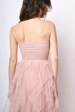 Abito lungo a bustier in tulle con volants