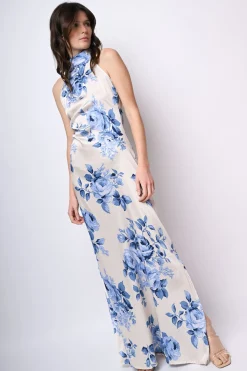 Abito lungo allamericana con stampa rose