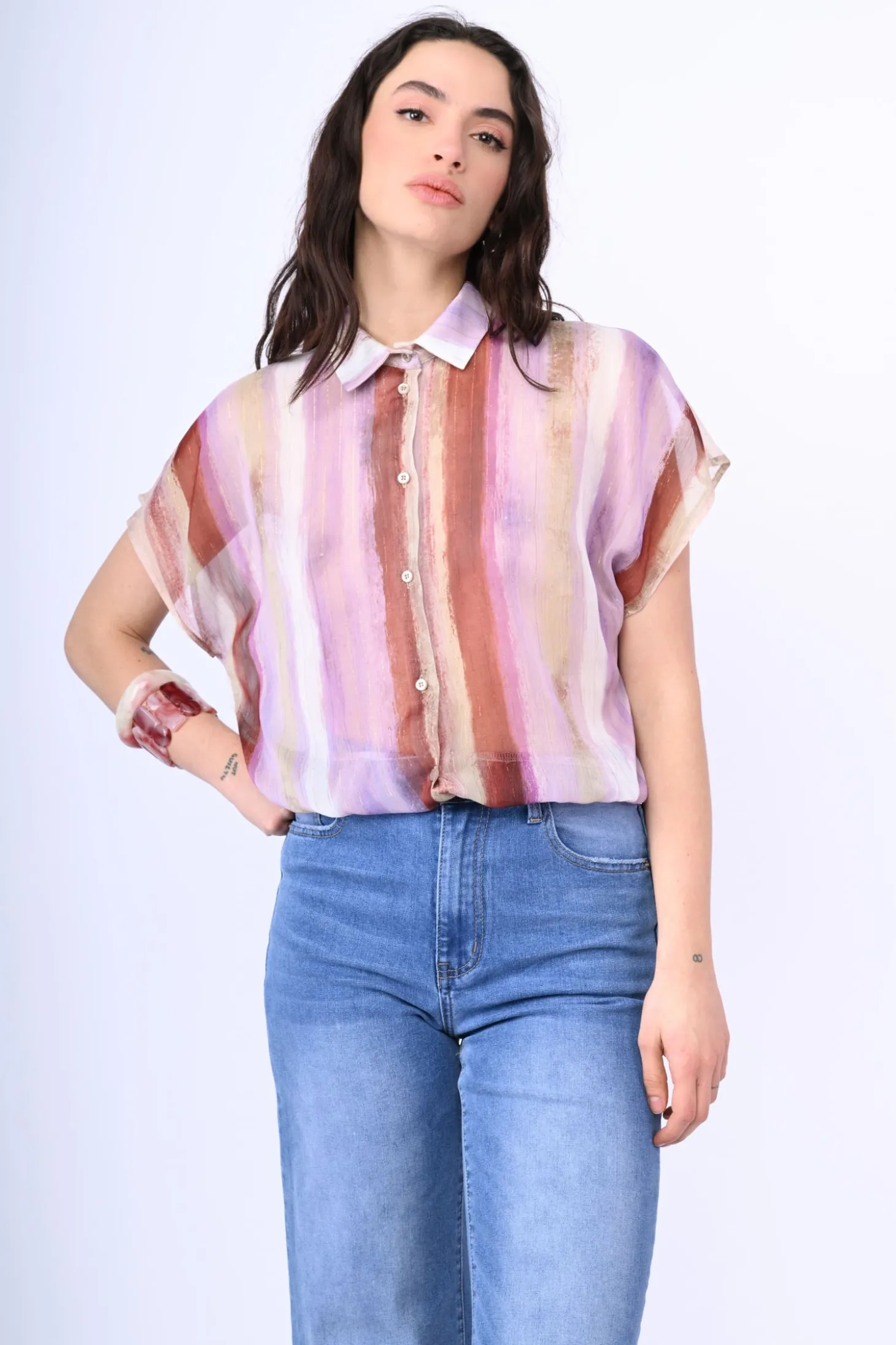 Camicia crop a righe lurex