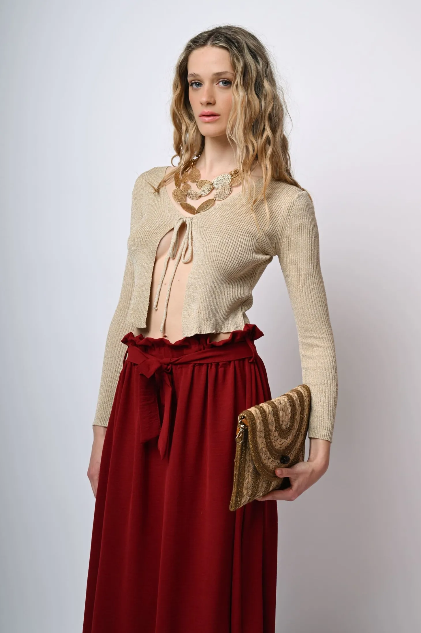 Cardigan in maglia lurex con laccetti