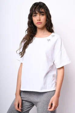 T shirt con fiocchi in strass