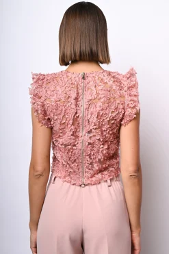 Top crop in pizzo floreale con paillettes