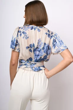Top in georgette lurex a stampa rose
