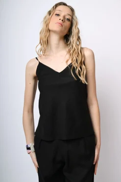 Top in lino e viscosa con pizzo