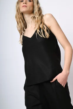 Top in lino e viscosa con pizzo