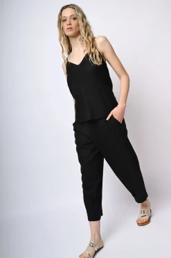 Top in lino e viscosa con pizzo