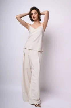 Top in lino e viscosa con pizzo