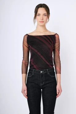 Top in tulle a righe diagonali