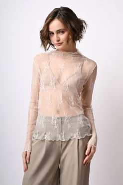 Top in tulle con ricami floreali